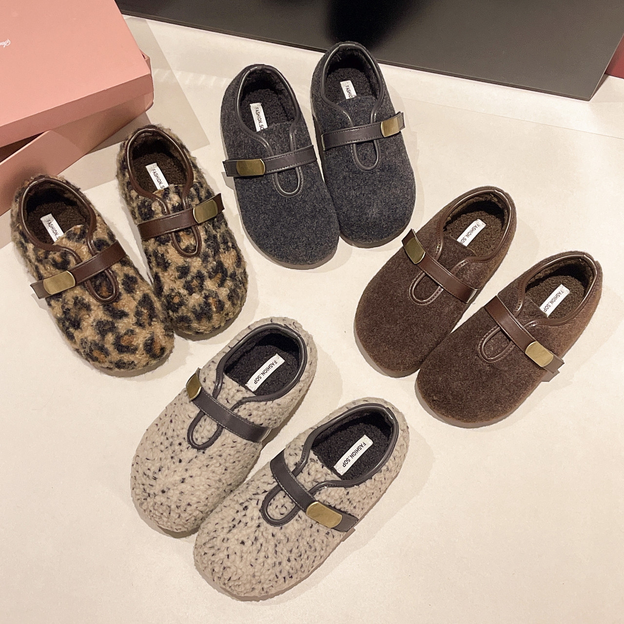 复古毛呢勃肯鞋女2025新款冬保暖一脚蹬棉鞋魔术贴平底加绒乐福鞋