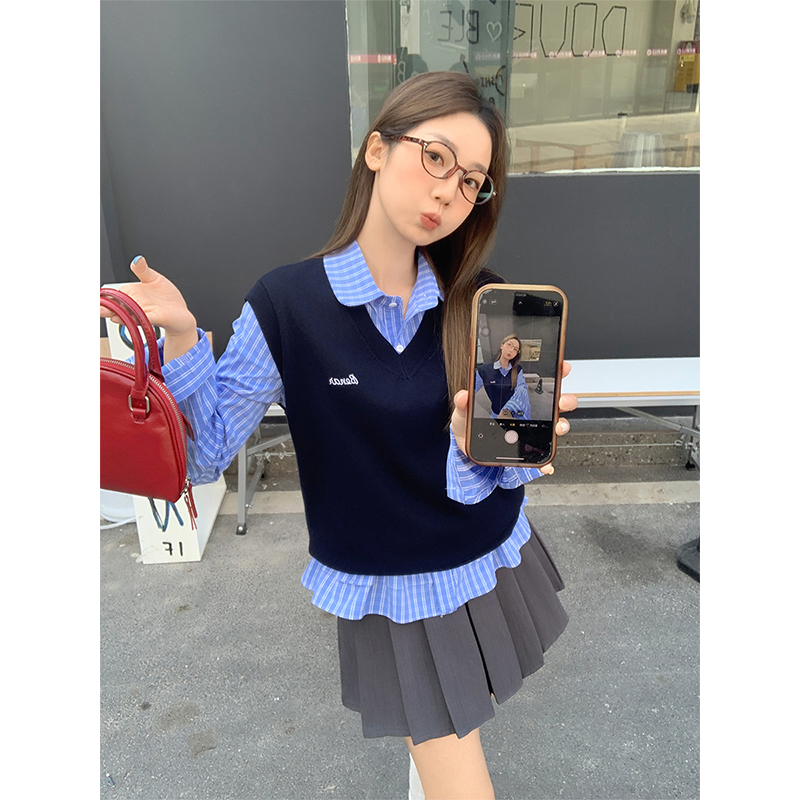 藏蓝色V领绣花马甲背心女早春装叠穿打底针织衫内搭无袖坎肩上衣