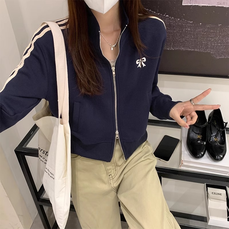 双拉链短款开衫立领卫衣外套女2024年秋季蝴蝶刺绣长袖三条杠上衣