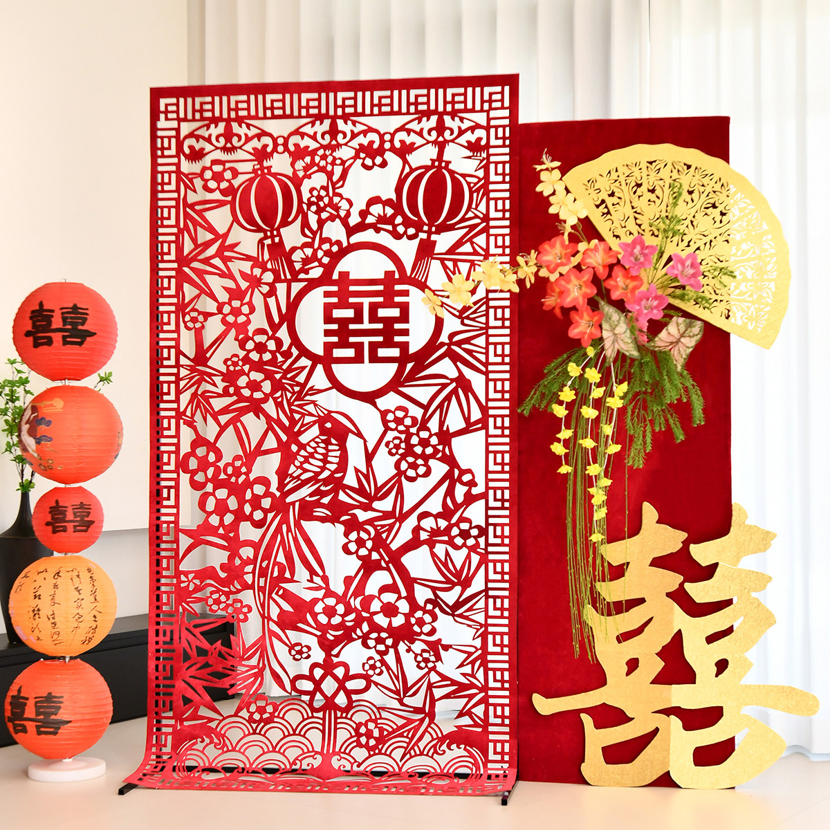 中式婚房布置喜字镂空剪纸铁艺丝绒花装饰新房客厅酒店拍照背景,节庆用品/礼品,婚房装扮用品,淘宝优惠券,粉丝福利购,淘宝优惠卷