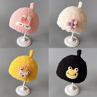 婴儿帽子秋冬毛绒贝雷帽宝宝男女童珊瑚绒可爱针织冬款加厚幼儿帽