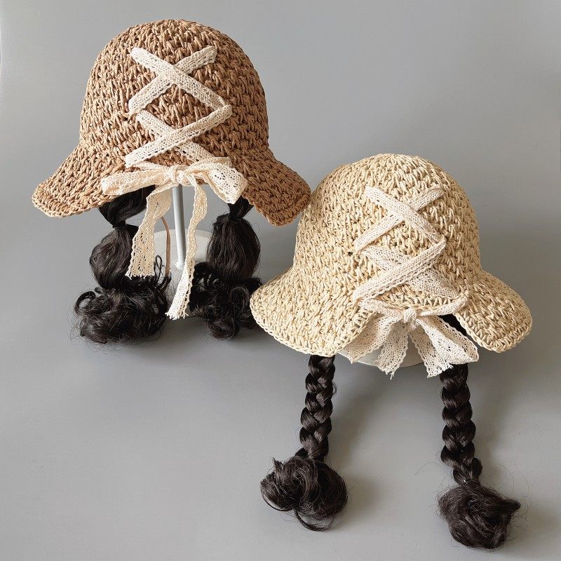 儿童遮阳帽子女童夏天新款草帽公主宝宝防晒沙滩帽太阳渔夫假发帽