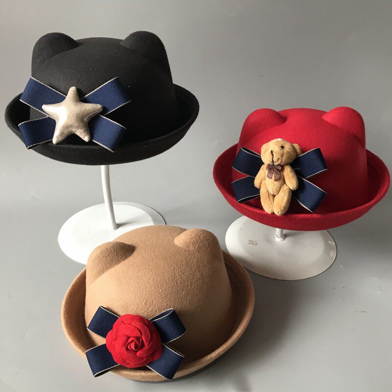 韩版女宝宝盆帽男婴儿春秋季毛呢帽幼儿小孩猫耳朵礼帽子潮1-4岁