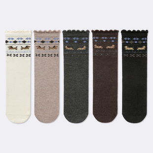 百搭花边堆堆袜 绵羊毛袜费尔岛无骨袜中筒袜时尚 袜say 女袜秋冬款