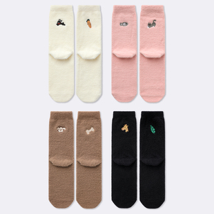 袜say 加厚中筒袜卡通刺绣加绒保暖女袜居家地板袜睡眠袜 女冬季