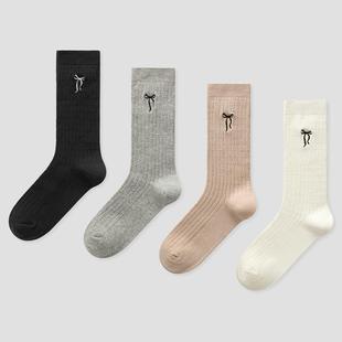 袜say 纯色简约miu系少女蝴蝶结刺绣精梳棉中筒袜日系学院堆堆袜