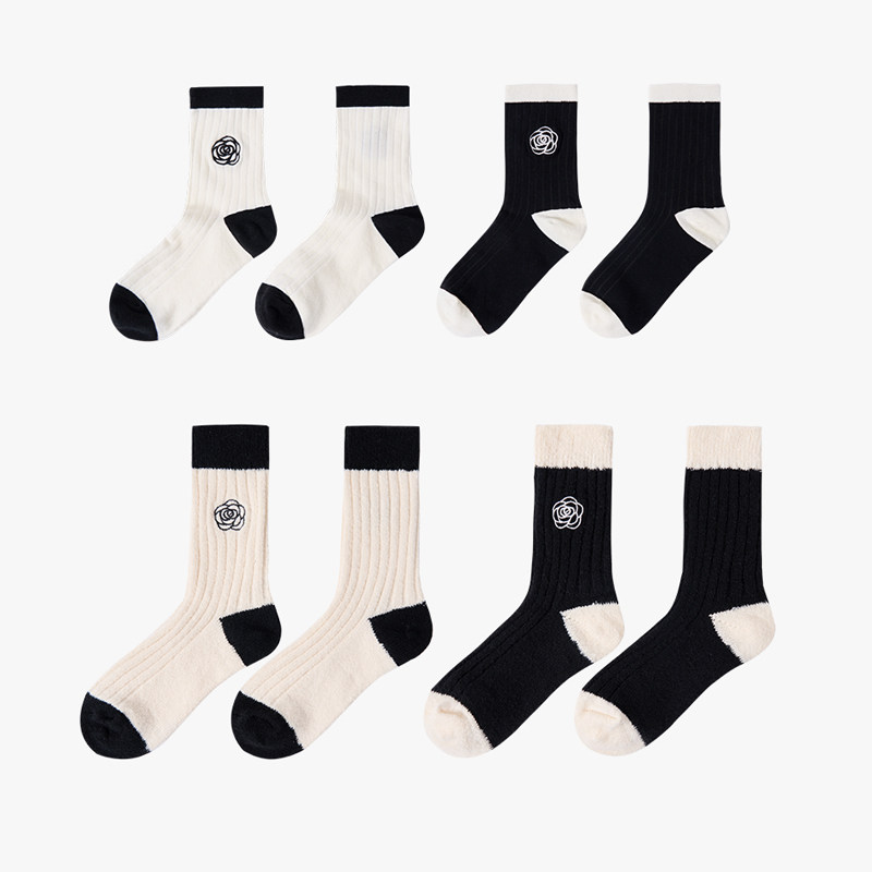 2022年小香风袜子女秋冬 新款加厚保暖山茶花刺绣中筒袜羊绒女袜