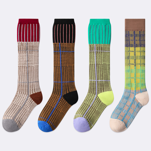 袜say 女士拼色小腿袜 复古格纹小腿袜潮流撞色千鸟格春秋复古个性