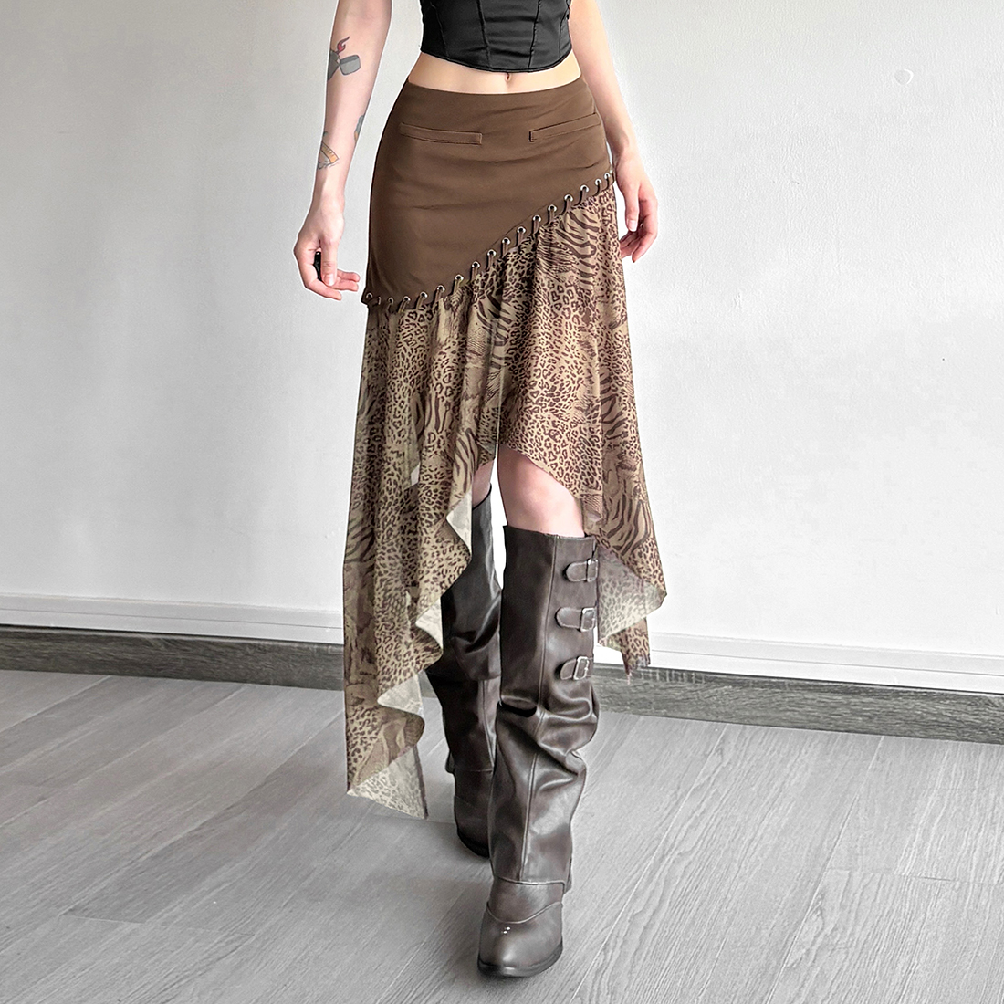 怪诞女孩 Vintage游牧风拼接豹纹半身裙女 高腰显瘦不规则中长裙