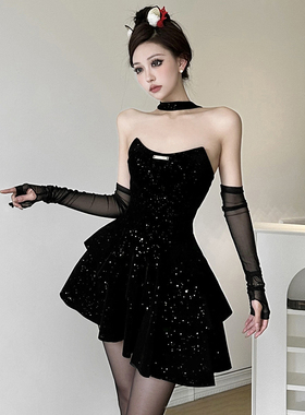 怪诞女孩 富家千金风小众挂脖式抹胸连衣裙chic气质细闪修身A字裙