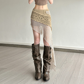 怪诞女孩 波西米亚复古刺绣钩花针织半身裙女 蕾丝拼接不规则短裙