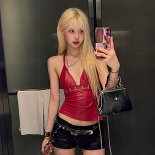 怪诞女孩 朋克辣妹铆钉拼接V领吊带背心女 露背性感修身显瘦上衣