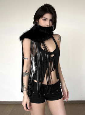 万圣节黑色流苏拼接毛毛配饰围巾