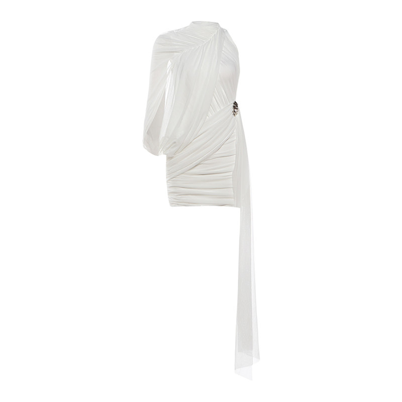 thumbnail for Weird girl modern show same pleated streamer one-shoulder dress women's design sense dress hip-hugging short skirt