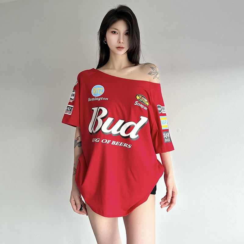 美式复古赛车风印花斜肩短袖T恤