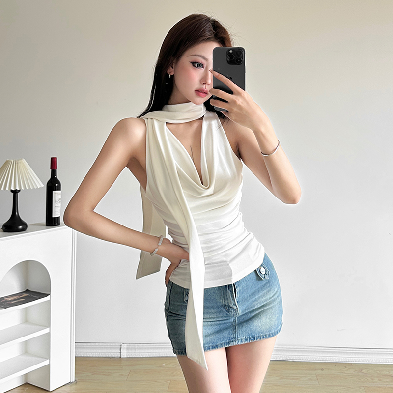 怪诞女孩 纯欲气质氛围感荡领围脖上衣褶皱收腰设计感百搭无袖T恤,女装/女士精品,背心吊带,淘宝优惠券,粉丝福利购,淘宝优惠卷