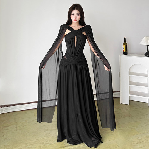 暗夜缪斯风网纱斗篷式雪纺连衣裙