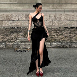 怪诞女孩 设计感蕾丝拼接不对称吊带连衣裙女 性感修身开叉长裙子