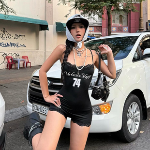 怪誕女孩 印花性感收腰吊帶背心 女 ins街頭風(fēng)辣妹蕾絲拼接連體褲