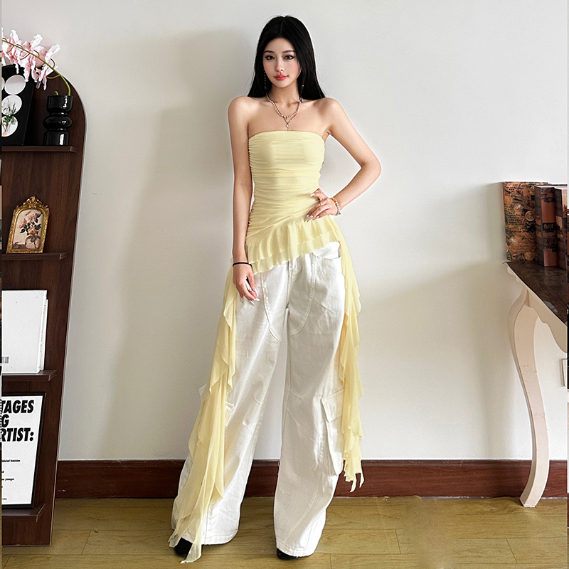 初夏新款柠檬黄流苏拼接抹胸背心