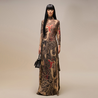 欧美复古画蛇印花高领长袖T恤女