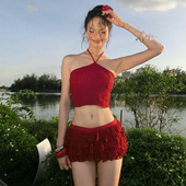 怪诞女孩 海边度假风提花蕾丝挂脖背心高腰荷叶边半身裙两件套女