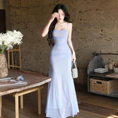 纯欲褶皱修身 怪诞女孩 温柔风淑女感网纱纯色吊带连衣裙女 包臀裙