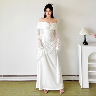 优雅性感礼服长裙 浪漫初恋蕾丝拼接一字肩连衣裙女 怪诞女孩 法式