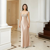 高级感钉钻缎面吊带连衣裙女 怪诞女孩 法式 轻奢宴会收腰礼服长裙