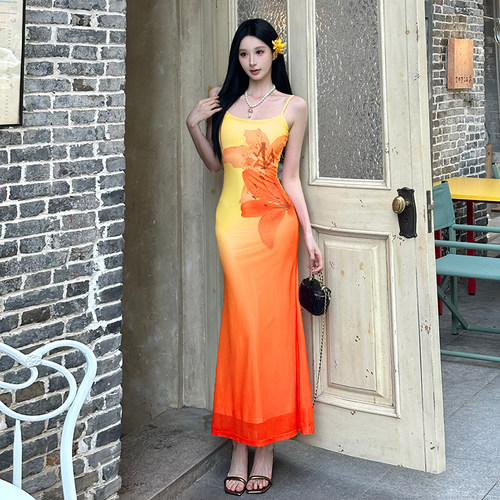 日落脏橘色渐变印花吊带连衣裙女
