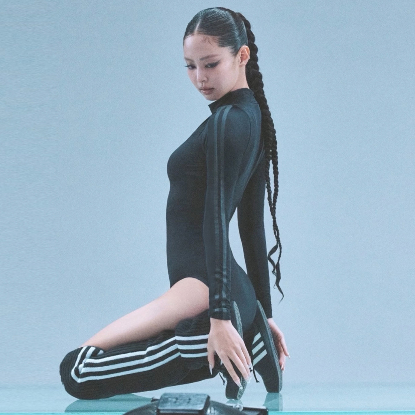 怪诞女孩 金智妮Jennie同款黑色条纹长袖连体衣女 紧身打底衫T恤