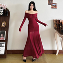 中长裙 网纱拼接修身 怪诞女孩 秋冬复古酒红色抽褶一字肩连衣裙女