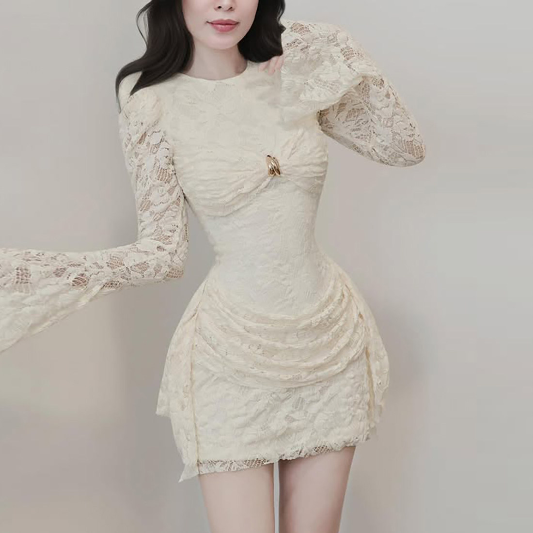 怪诞女孩 纯欲风性感提花蕾丝长袖连衣裙女 秋冬新款修身包臀短裙