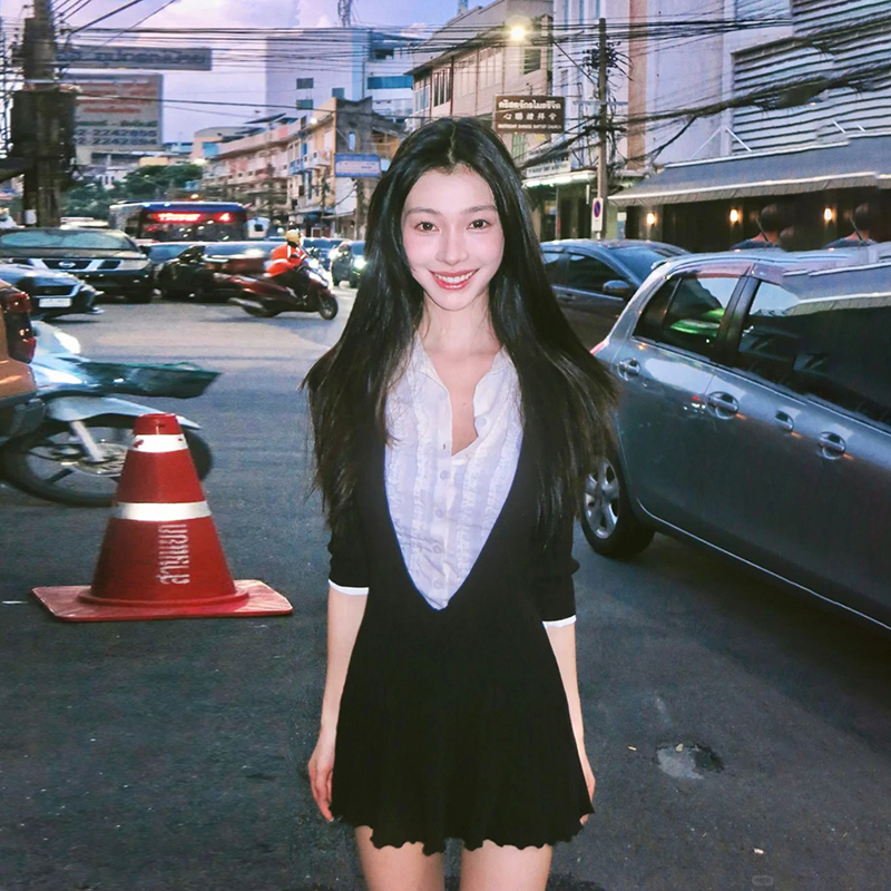 易梦玲同款纯欲撞色衬衫连衣裙女