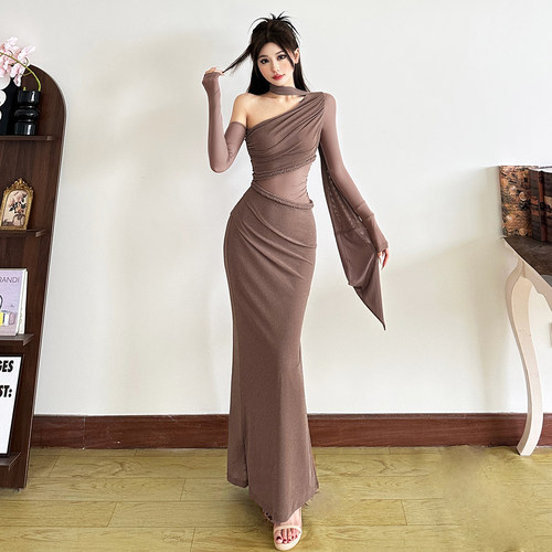 希腊女神风复古麻花辫斜肩连衣裙