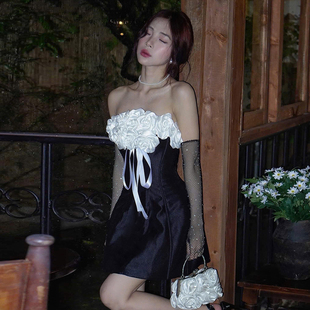 怪诞女孩 轻奢生日晚礼服短裙 绝美精致立体玫瑰拼接抹胸连衣裙女