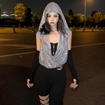 怪诞女孩  个性废土风拉链设计带袖套背心时尚连帽亮片宽松罩衫女