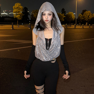 连帽亮片宽松罩衫 怪诞女孩 套背心时尚 废土风拉链设计带袖 女 个性