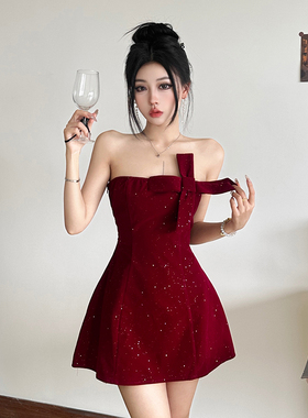 怪诞女孩 圣诞限定小香风细闪蝴蝶结抹胸连衣裙女 生日聚会礼服裙