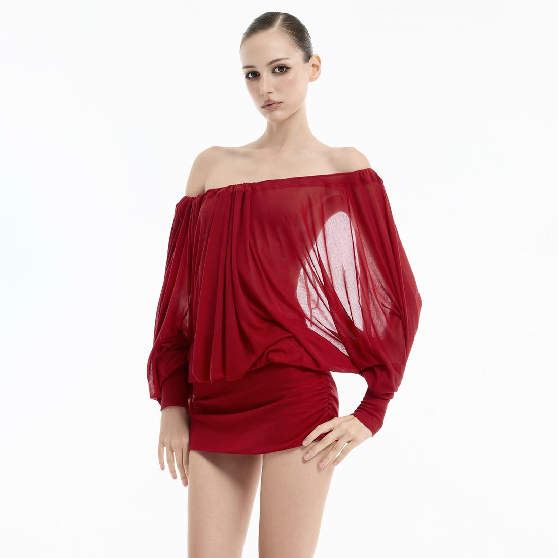 怪诞女孩 时尚性感网纱蝙蝠袖一字肩连衣裙女 系带露背修身包臀裙