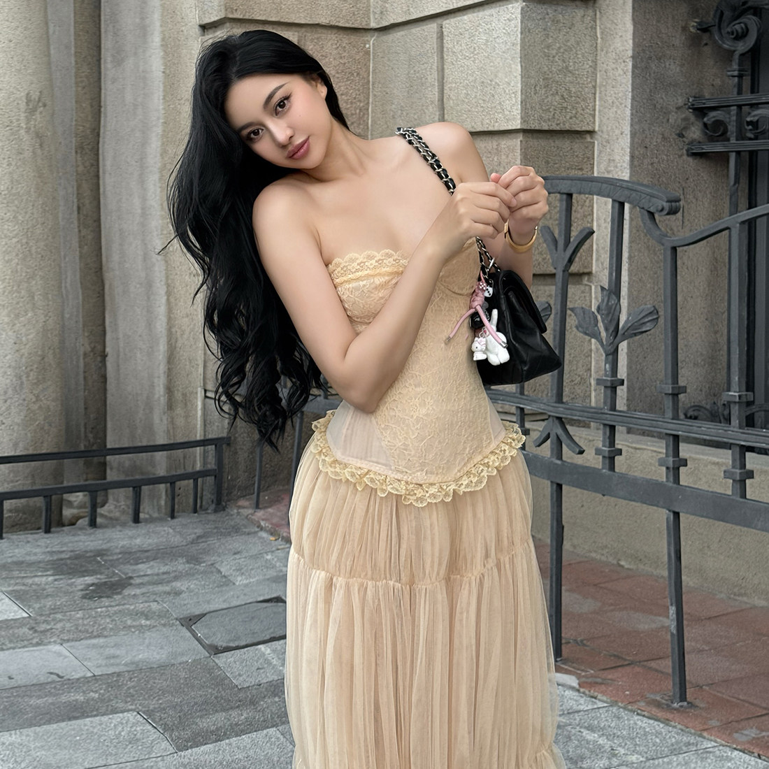 怪诞女孩 轻熟御姐风杏色蕾丝花边抹胸上衣褶皱网纱半身裙两件套,女装/女士精品,时尚套装,淘宝优惠券,粉丝福利购,淘宝优惠卷