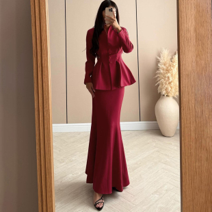 怪诞女孩 端庄优雅时尚纯色长袖衬衫上衣低腰鱼尾长裙西装套装女