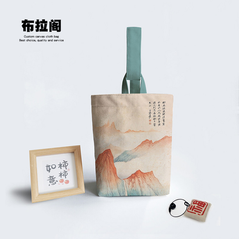 张大千水墨山水画手提水桶帆布包文创小众上班杂物收纳手拎小布包