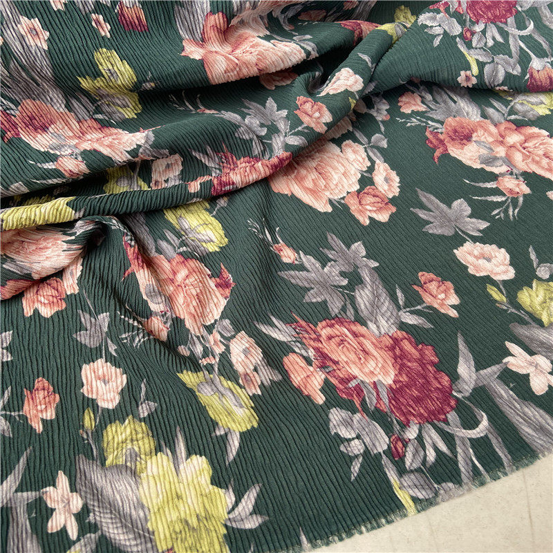 春秋新到货定型压皱弹力化纤印花麻纱布料衬衫连衣裙套装雪纺面料