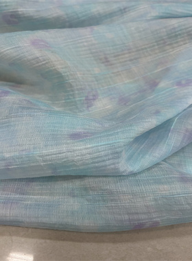 垂感弹粉紫色+蓝色不规则扎染泡泡天丝棉布料旗袍汉服连衣裙面料