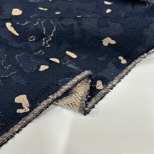 藏蓝色镂空欧根纱提花面料复古印花布料中国风连衣裙服装制作