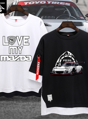 JDM马自达MAZDA转子RX7 MX5性能改车假两件短袖T恤衫男五分袖衣服