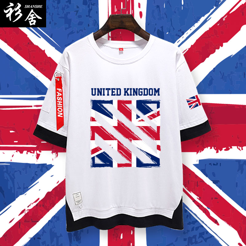 英国uk联合王国伦敦标志国旗假两件短袖t恤衫男女5五分袖半袖中袖