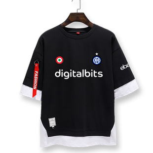 国际米兰卢卡库劳塔罗同款国米足球迷拼接短袖T恤衫男女5五分中袖