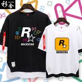 GTA游戏5公司R星Rockstar 衣服 男女五分中袖 Games假两件短袖 T恤衫